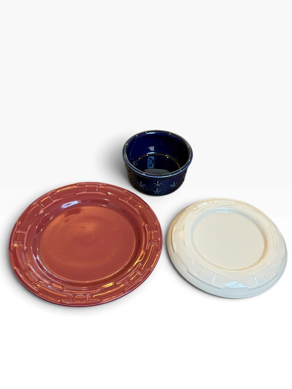 Longaberger Pottery Paprika Lunch Plate Ivory Trivet Blue Star Bowl